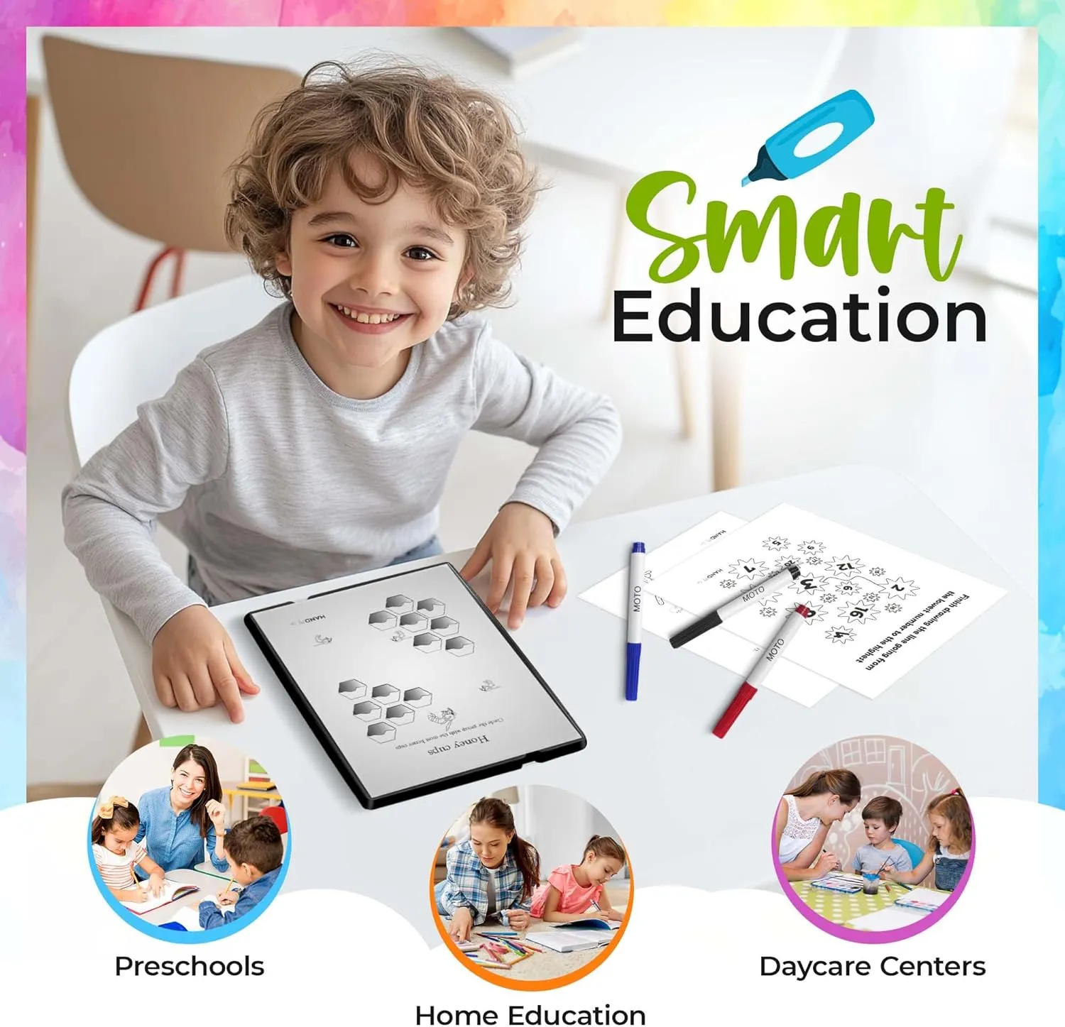 HandMoto Math – Preschool Learning Activities & Preschool Books for 3 Year Olds with 10 Reusable Sheets, 4 Markers & 1 Eraser, Kids Activity Book & Kindergarten Workbooks for Early Education