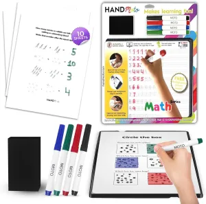 HandMoto Math – Preschool Learning Activities & Preschool Books for 3 Year Olds with 10 Reusable Sheets, 4 Markers & 1 Eraser, Kids Activity Book & Kindergarten Workbooks for Early Education