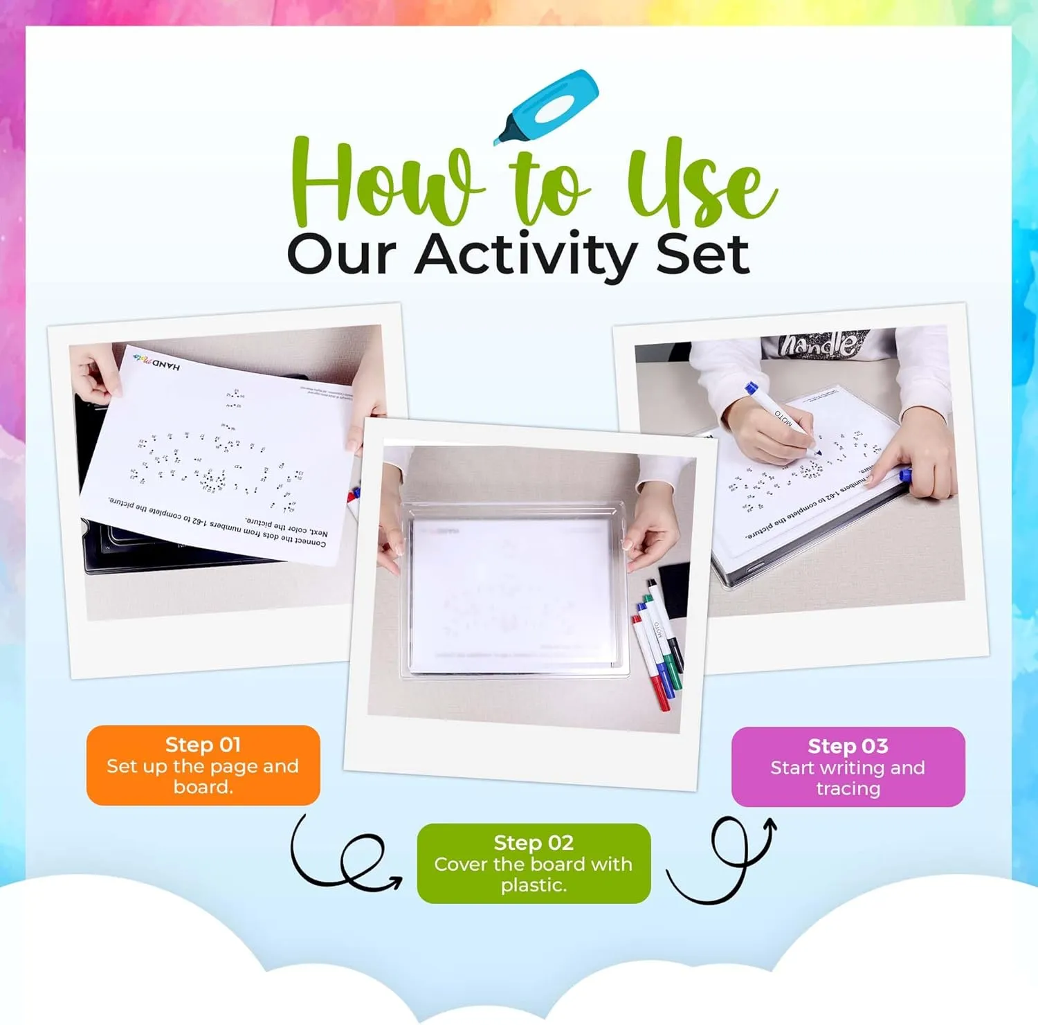 HandMoto Math – Preschool Learning Activities & Preschool Books for 3 Year Olds with 10 Reusable Sheets, 4 Markers & 1 Eraser, Kids Activity Book & Kindergarten Workbooks for Early Education