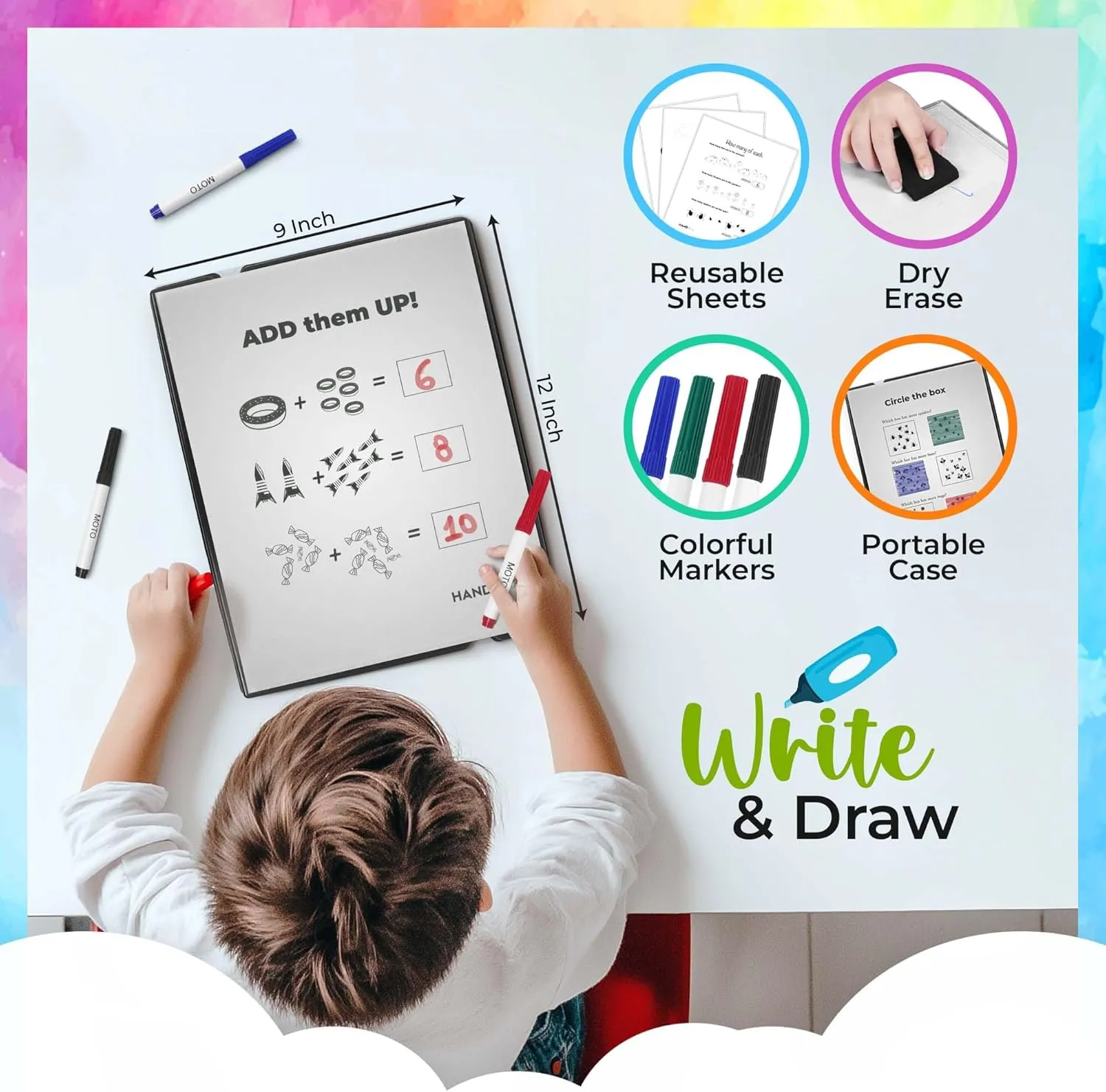 HandMoto Math – Preschool Learning Activities & Preschool Books for 3 Year Olds with 10 Reusable Sheets, 4 Markers & 1 Eraser, Kids Activity Book & Kindergarten Workbooks for Early Education