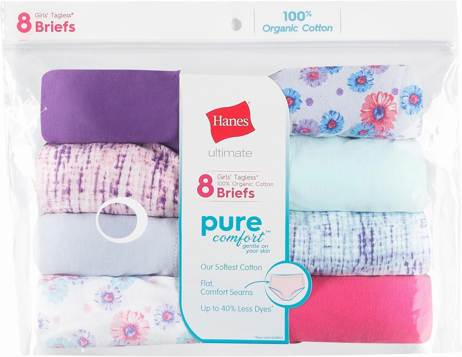Hanes Ultimate Girls' Underwear, Pure Comfort Organic 100% Cotton Panties, Briefs & Hipsters, 8-Pack