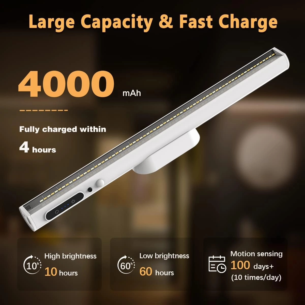 Hapfish Motion Sensor LED Light Bar Indoor, Rechargeable Under Cabinet Lighting Wireless, Magnetic Battery Powered Operated Wall Strip Lights with Remote Control for Desk Mirror Closet – White