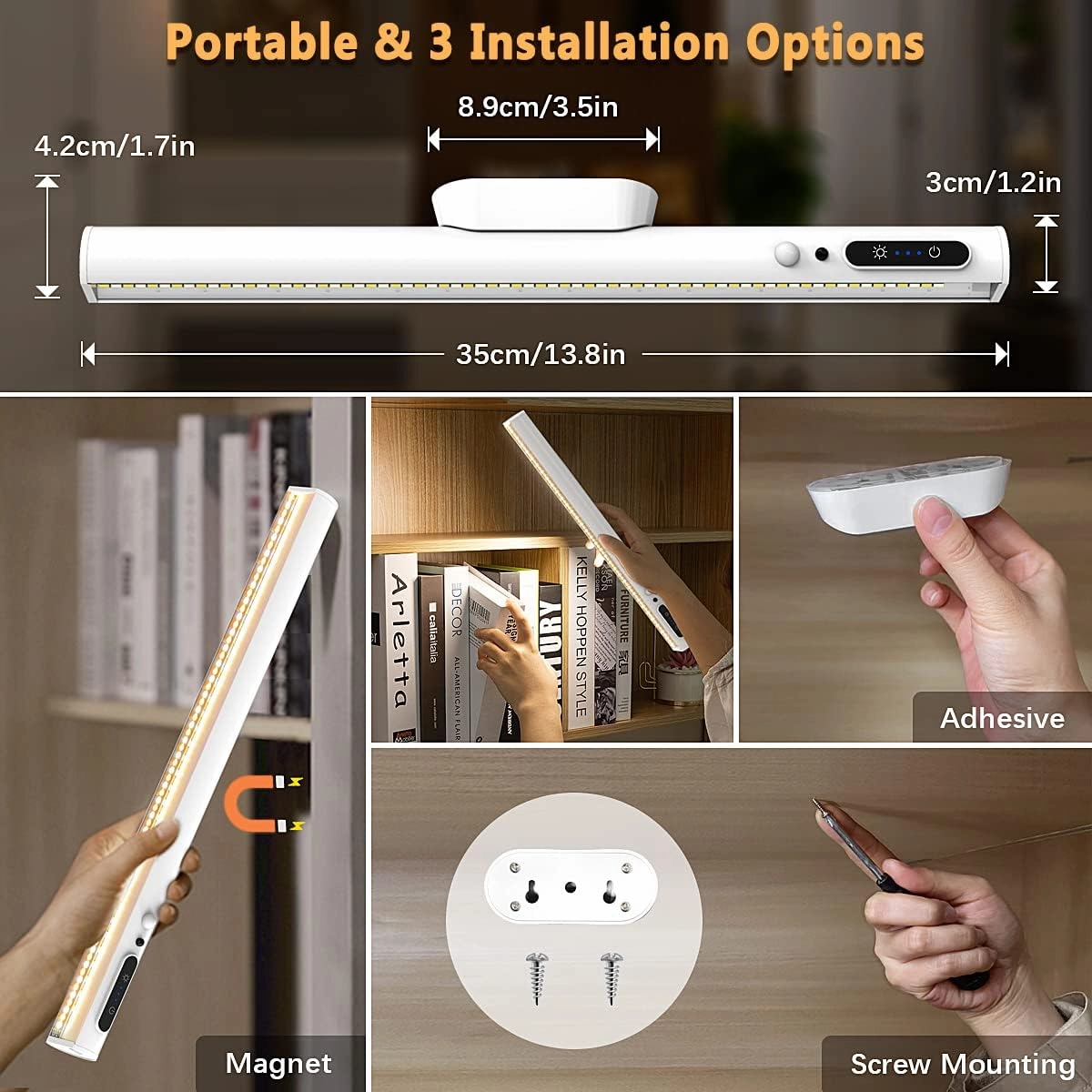 Hapfish Motion Sensor LED Light Bar Indoor, Rechargeable Under Cabinet Lighting Wireless, Magnetic Battery Powered Operated Wall Strip Lights with Remote Control for Desk Mirror Closet – White