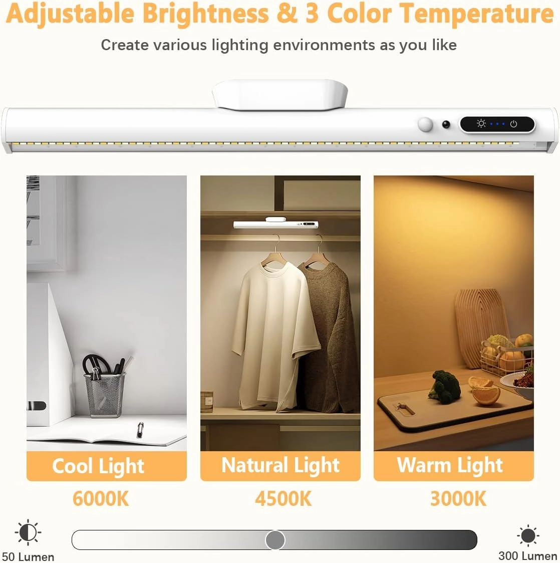 Hapfish Motion Sensor LED Light Bar Indoor, Rechargeable Under Cabinet Lighting Wireless, Magnetic Battery Powered Operated Wall Strip Lights with Remote Control for Desk Mirror Closet – White
