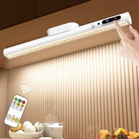 Hapfish Motion Sensor LED Light Bar Indoor, Rechargeable Under Cabinet Lighting Wireless, Magnetic Battery Powered Operated Wall Strip Lights with Remote Control for Desk Mirror Closet – White