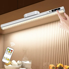 Hapfish Motion Sensor LED Light Bar Indoor, Rechargeable Under Cabinet Lighting Wireless, Magnetic Battery Powered Operated Wall Strip Lights with Remote Control for Picture Shelf Closet – Silver