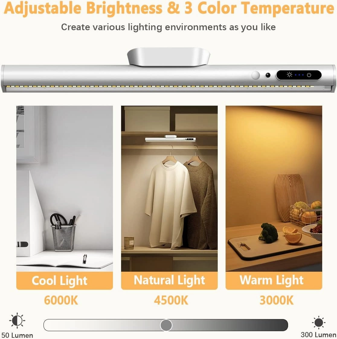 Hapfish Motion Sensor LED Light Bar Indoor, Rechargeable Under Cabinet Lighting Wireless, Magnetic Battery Powered Operated Wall Strip Lights with Remote Control for Picture Shelf Closet – Silver
