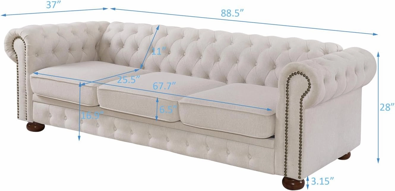 Harper & Bright Designs 3-Seat Chesterfield Sofa with Button Tufted, Nailhead Trim and Solid Wood Legs, Classical Linen Fabric Couch for Living Room, Office, Beige