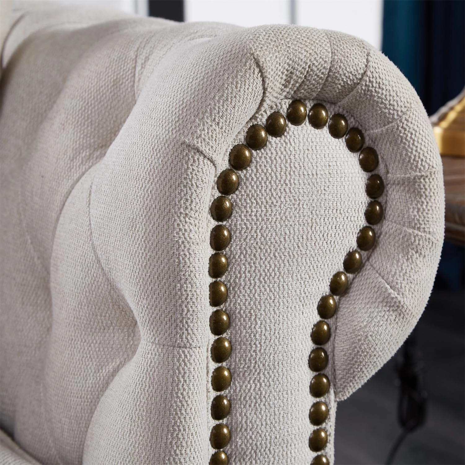 Harper & Bright Designs 3-Seat Chesterfield Sofa with Button Tufted, Nailhead Trim and Solid Wood Legs, Classical Linen Fabric Couch for Living Room, Office, Beige