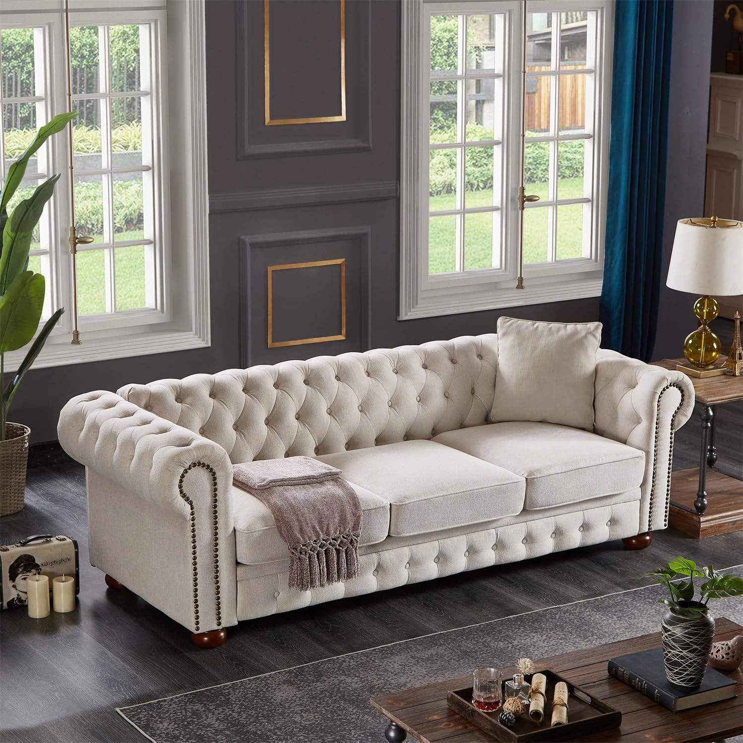 Harper & Bright Designs 3-Seat Chesterfield Sofa with Button Tufted, Nailhead Trim and Solid Wood Legs, Classical Linen Fabric Couch for Living Room, Office, Beige