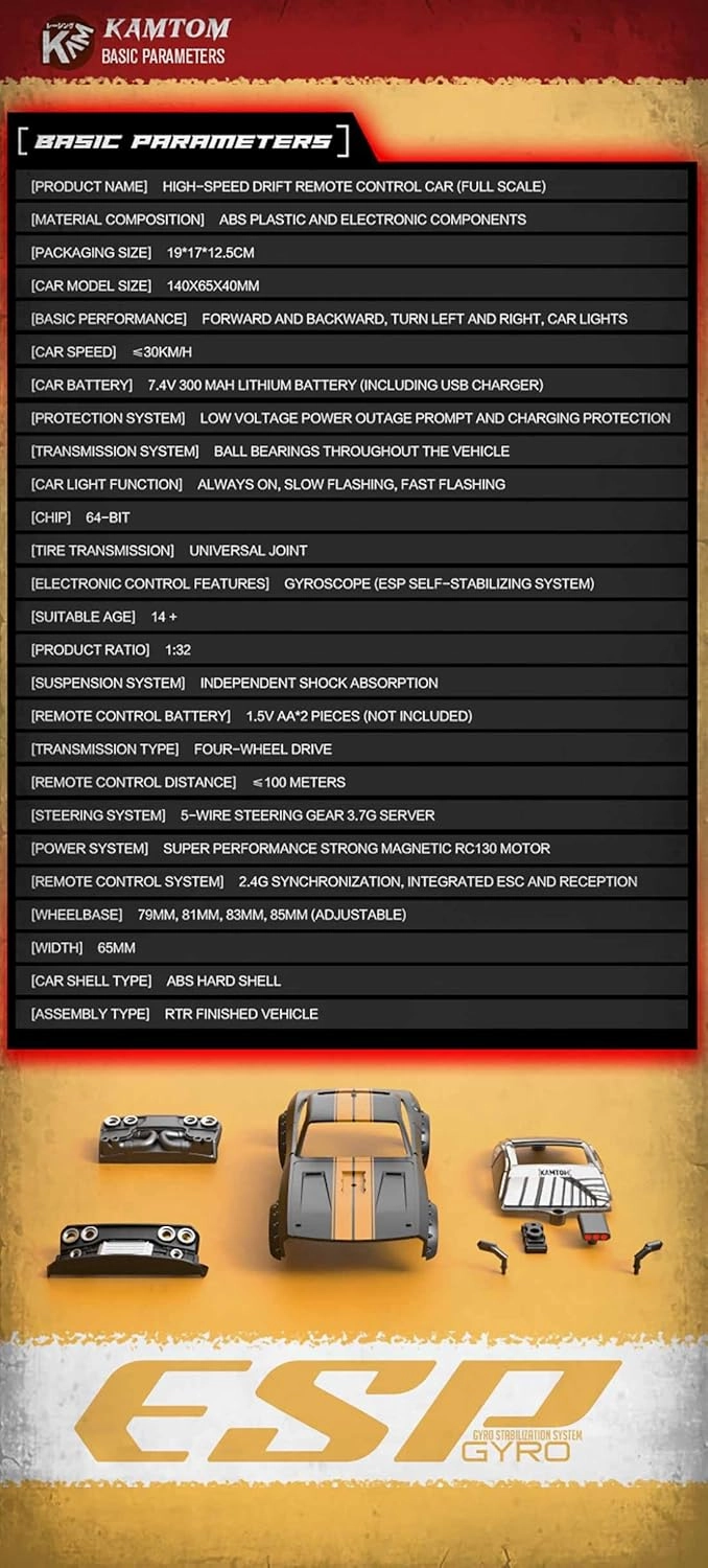 HERR 4WD RC Drift Car 1/32 Scale 2.4G with LED Headlights Variable Wheelbase Indoor Miniature Toy Hobbyist RTR Version (Red)