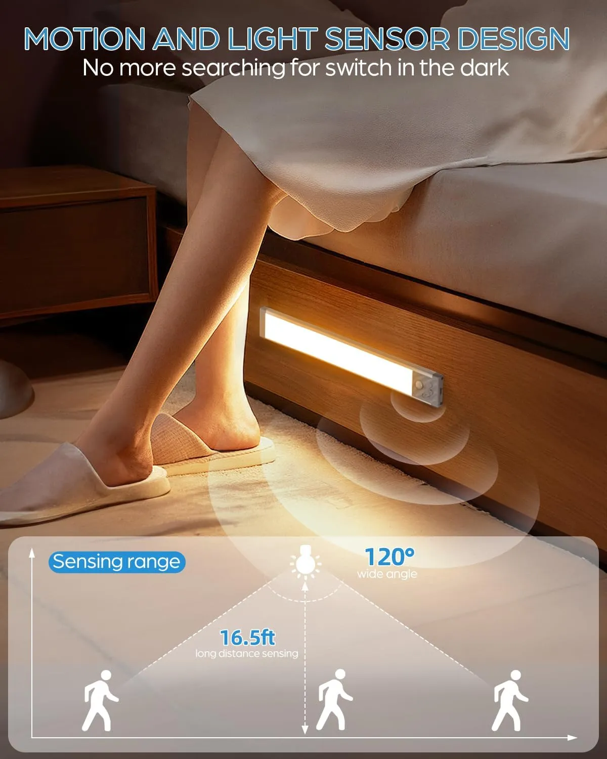 HIBOITEC Under Cabinet Lighting Rechargeable 50 LED Closet Lights Battery Operated Dimmable Motion Sensor Light Indoor, Wireless Light for Kitchen, Wardrobe, Drawer, 2 Pack, Warm White Light, 10 inch