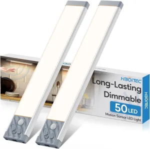HIBOITEC Under Cabinet Lighting Rechargeable 50 LED Closet Lights Battery Operated Dimmable Motion Sensor Light Indoor, Wireless Light for Kitchen, Wardrobe, Drawer, 2 Pack, Warm White Light, 10 inch
