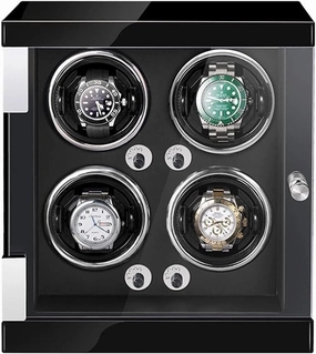 High-End Watch Winder for 4 Watches with LED Lights, Quiet Motor, Adjustable Watch Pillows, Anti-Magnetic Design, Black PU Leather – 4 0(Black Pu)