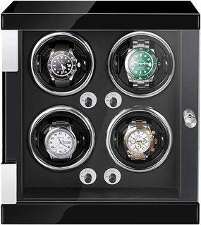 High End Watch Winder for 4 Watches with Led Lights Quiet Motor Adjustable Watch Pillows Watch Rotator Box Fit Lady and Man Watches,Black Pu-4 0