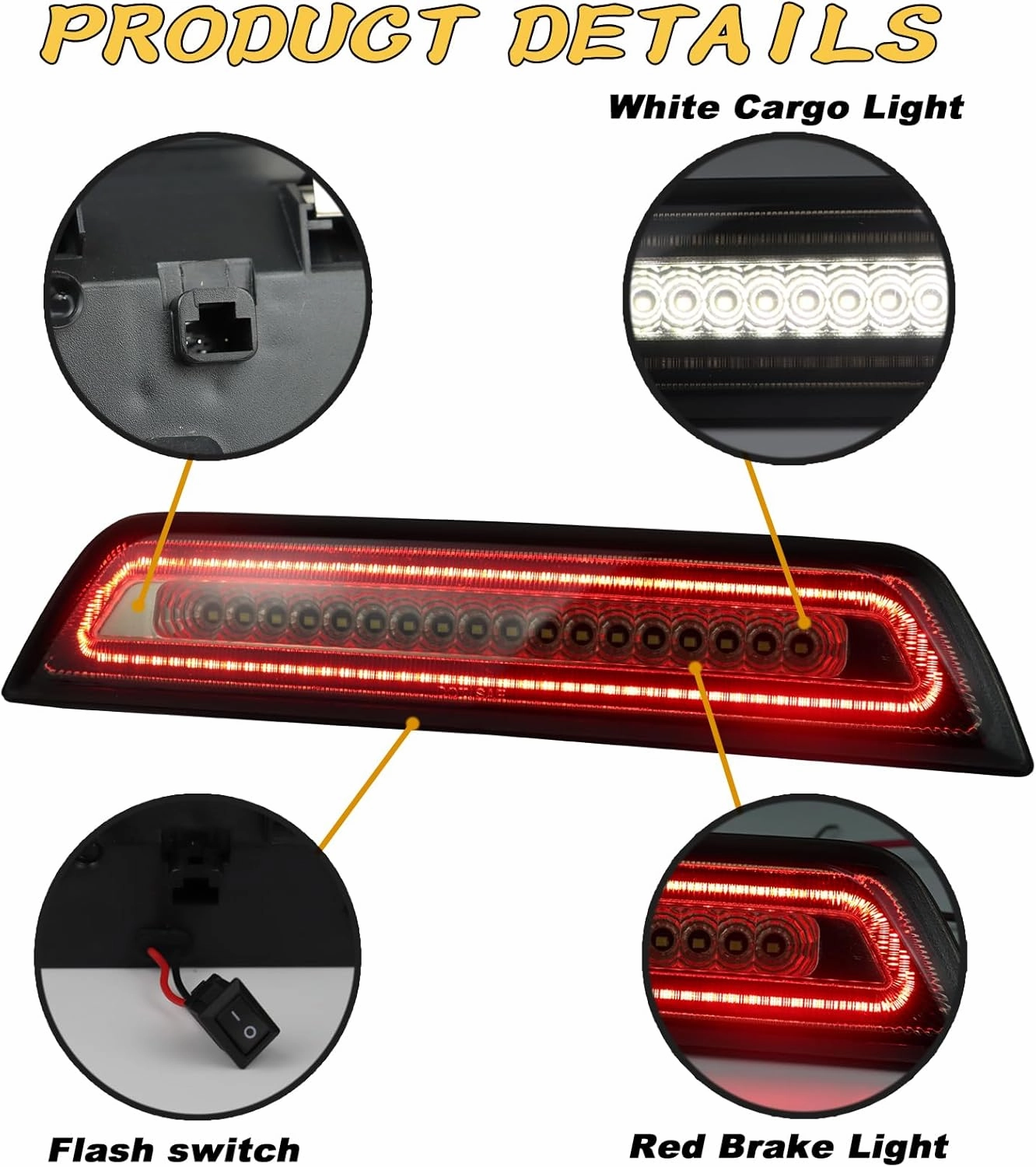 High Mount Stop Lights LED Third Brake Light Assemblies Compatible with Toyota Tacoma SR SR5 TRD Sport TRD Off-Road Limited and TRD Pro 2016-2023 Rear LED Brake Lamp Bar Taillight