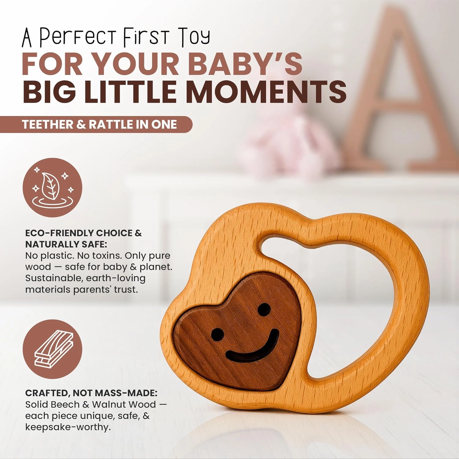 HippoToys Handmade Wooden Baby Rattle & Teething Toy - Premium Baby Rattle for 6-12 Months with 100% Natural Wood - Montessori Interactive Rattle for Sensory Development - Perfect Gift for Newborns