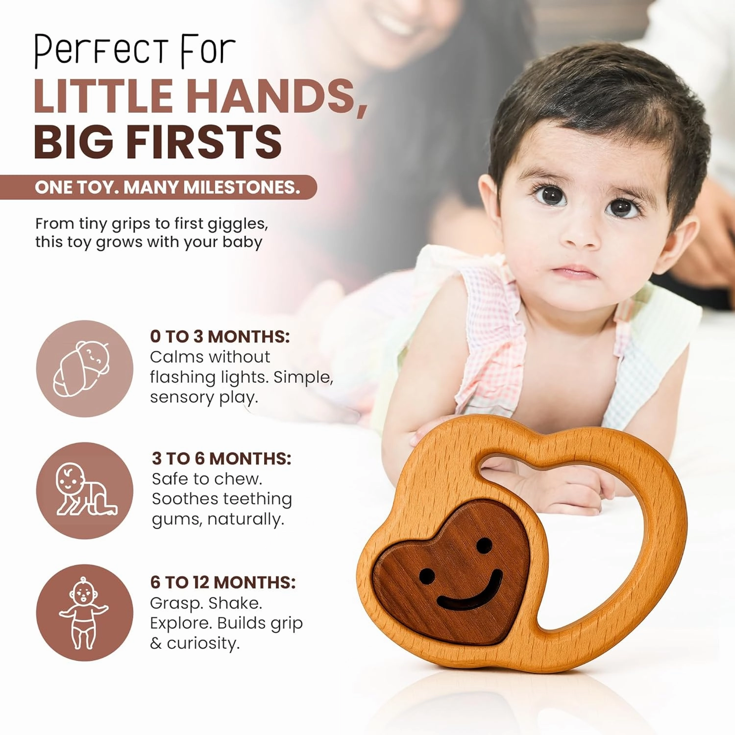 HippoToys Handmade Wooden Baby Rattle & Teething Toy - Premium Baby Rattle for 6-12 Months with 100% Natural Wood - Montessori Interactive Rattle for Sensory Development - Perfect Gift for Newborns