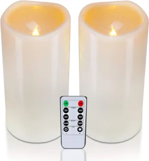 Homemory 4" x 8" Waterproof Outdoor Flameless Candles, Battery Operated Flickering LED Pillar Candles with Remote and Timers for Indoor Outdoor Lanterns, Long Lasting, Large, Dark Ivory, Set of 2