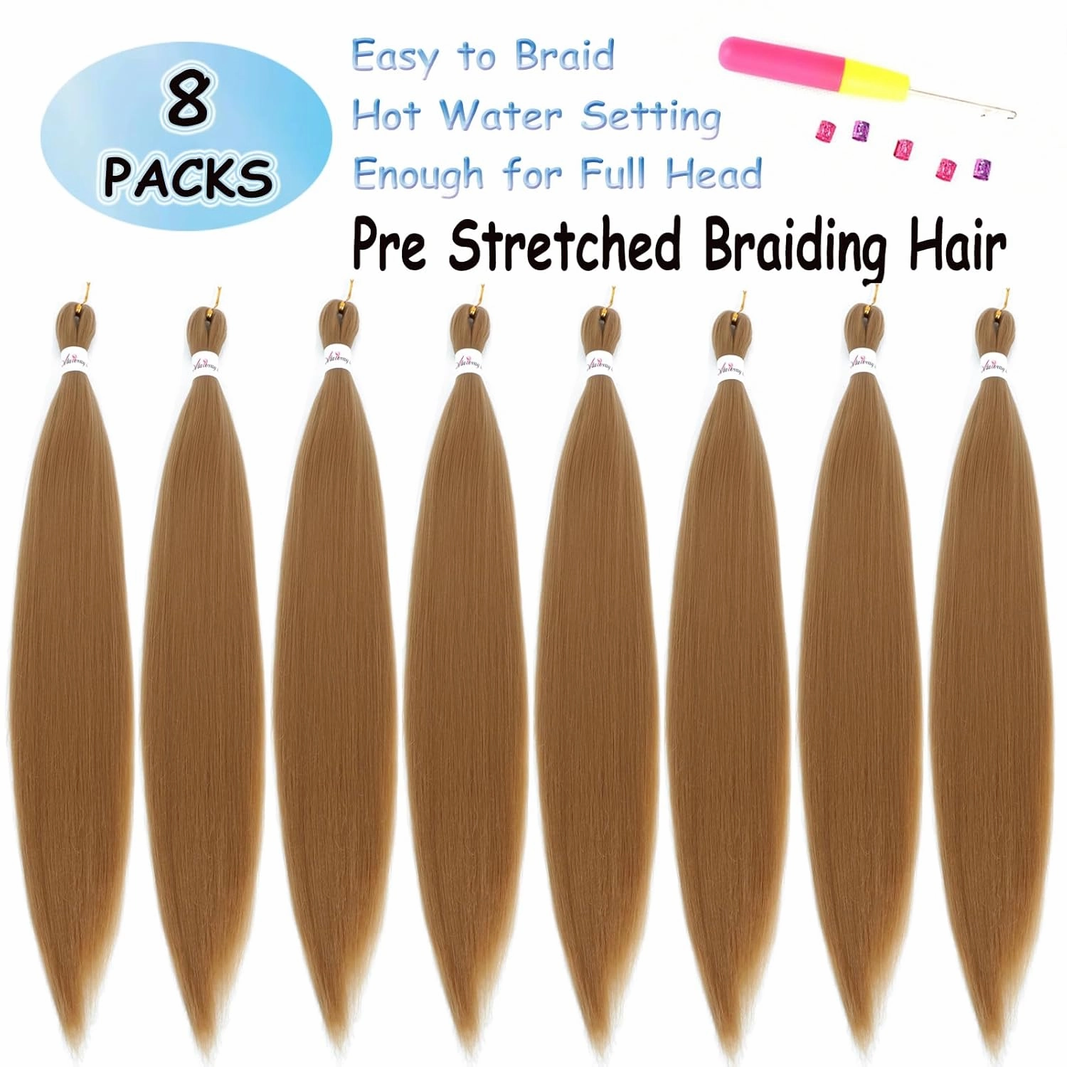 Honey Blonde Braiding Hair Pre Stretched 26 inch 8 packs 27 Braiding Hair Hot Water Setting Hair for Braids (Golden Brown 27#, 26inch)