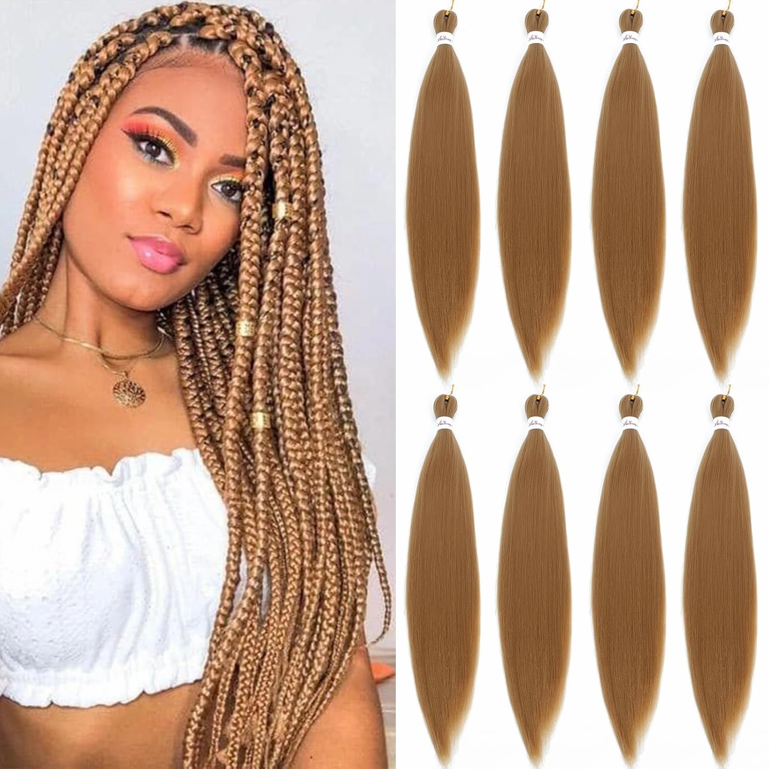 Honey Blonde Braiding Hair Pre Stretched 26 inch 8 packs 27 Braiding Hair Hot Water Setting Hair for Braids (Golden Brown 27#, 26inch)