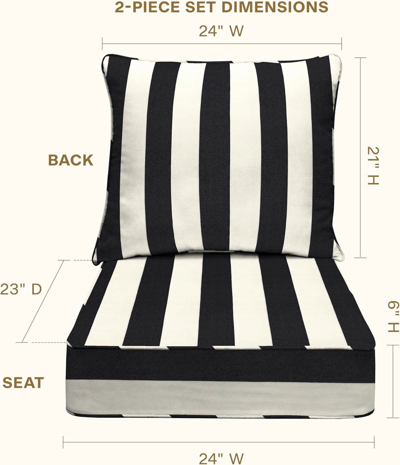 Honeycomb Outdoor Deep Seat, 24" W x 23" D, Cabana Stripe Black & Ivory Outdoor Chair Cushion