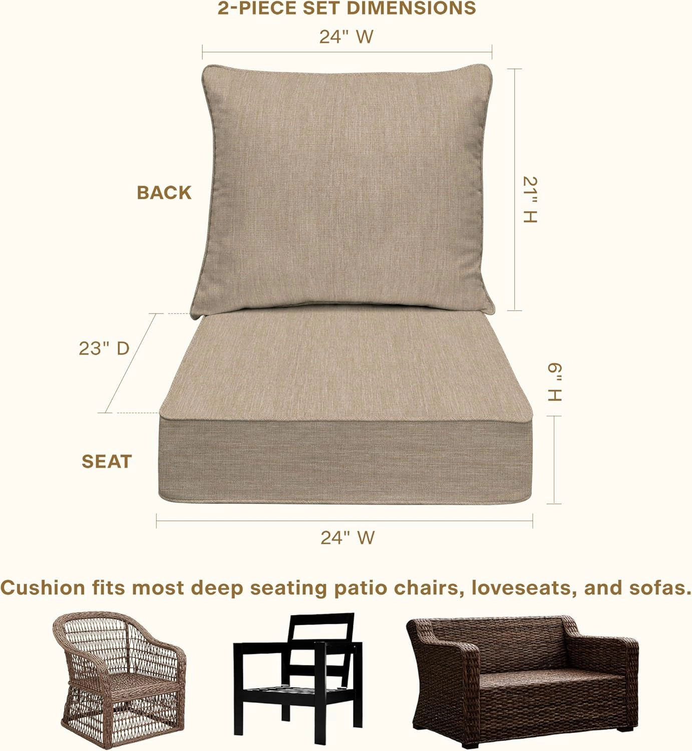 Honeycomb Outdoor Deep Seat, 24" W x 23" D, Textured Solid Birch Tan Outdoor Chair Cushion
