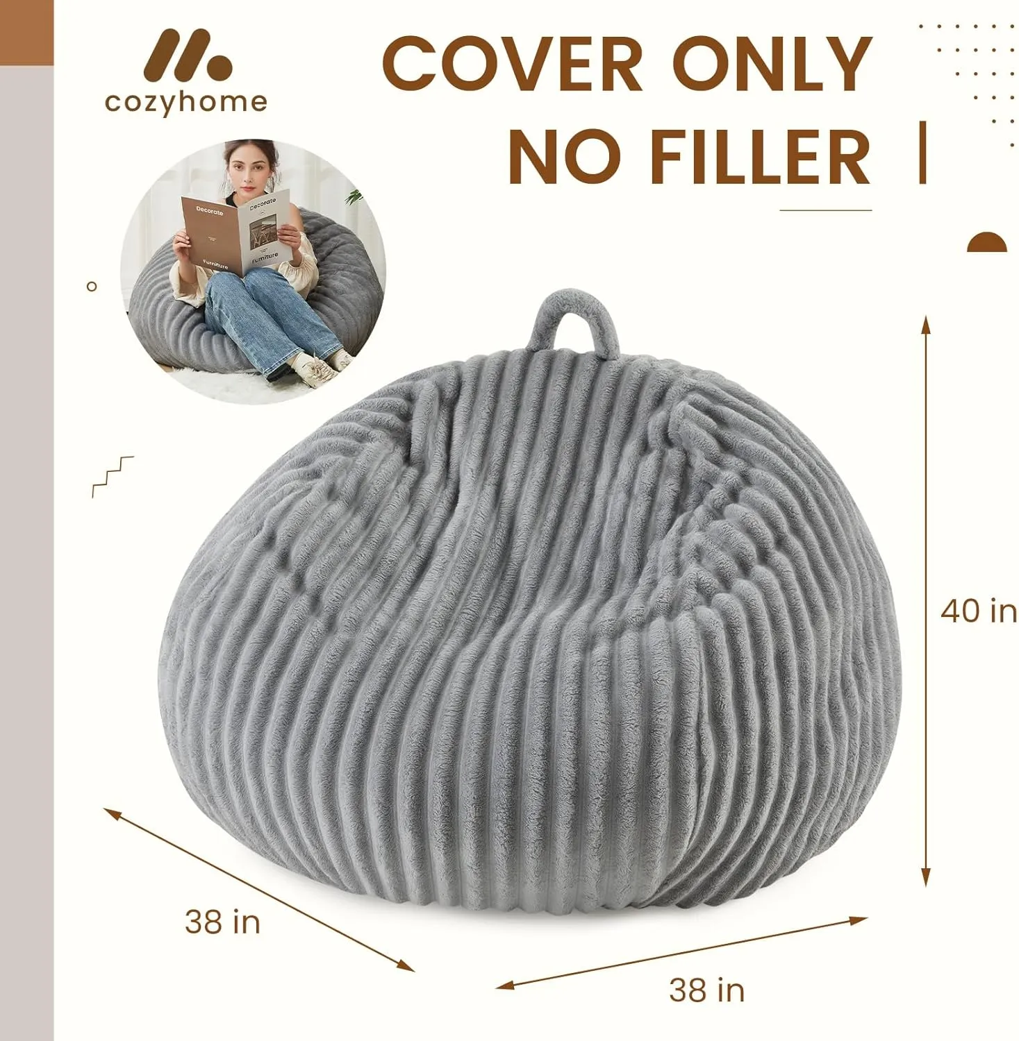Honeydak Fluffy Stuffed Animal Storage Bean Bag Chair Cover (No Filler) Comfy Bean Bag Cover Without Filling or Home Bedroom Decor Organizing Plush Doll Textile Holder(Dark Gray,L)