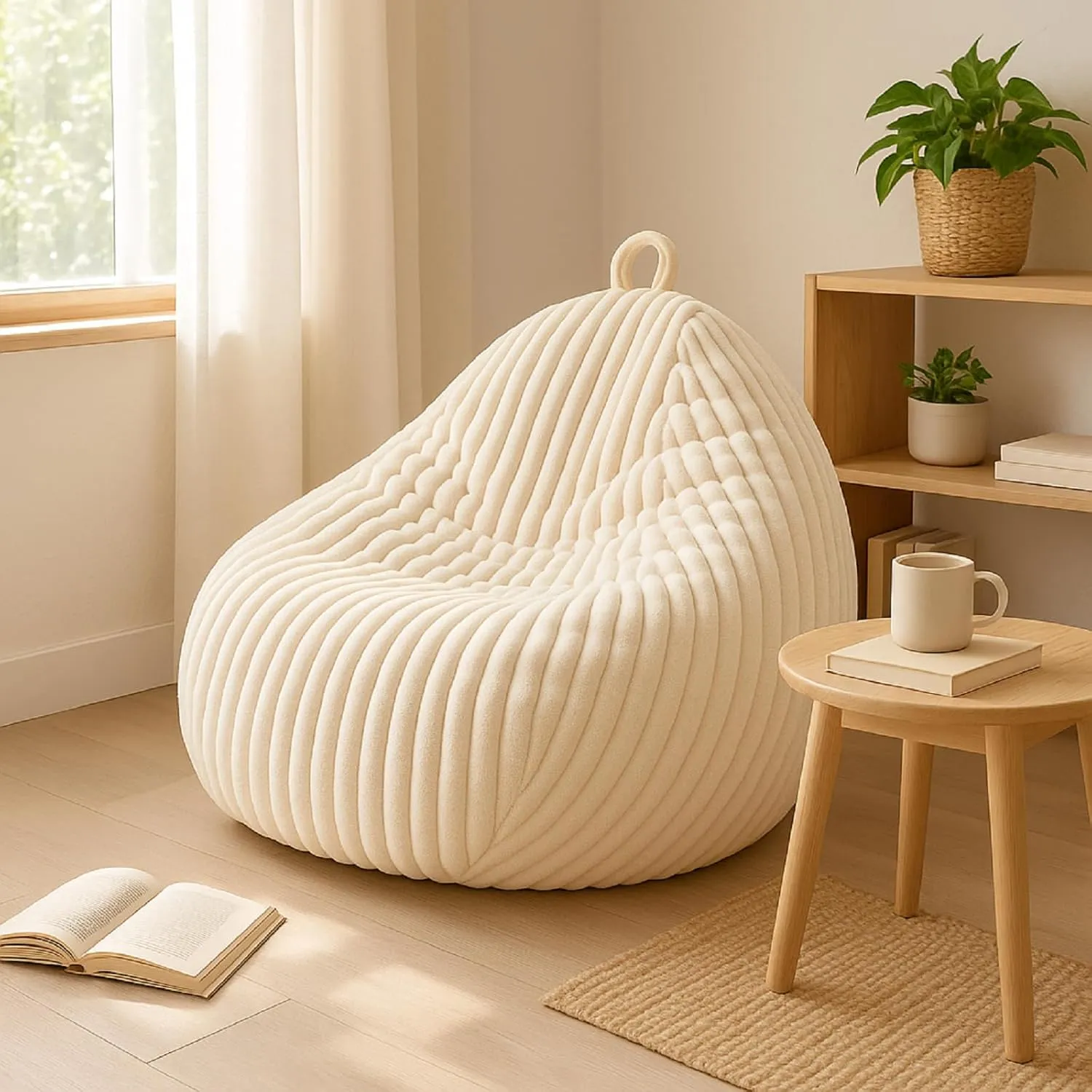 Honeydak Fluffy Stuffed Animal Storage Bean Bag Chair Cover (No Filler) Comfy Bean Bag Cover Without Filling or Home Bedroom Decor Organizing Plush Doll Textile Holder(White,L)