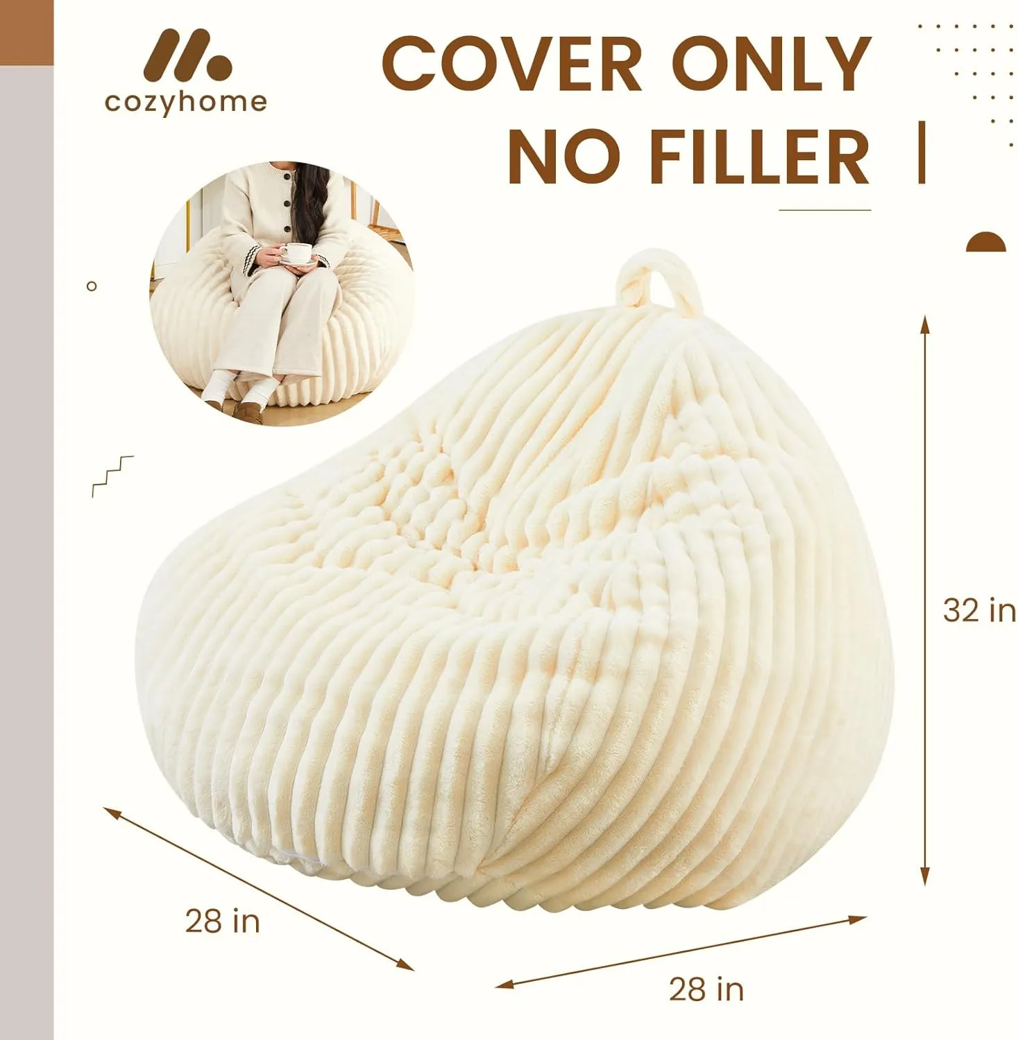 Honeydak Fluffy Stuffed Animal Storage Bean Bag Chair Cover (No Filler) Comfy Bean Bag Cover Without Filling or Home Bedroom Decor Organizing Plush Doll Textile Holder(White,M)