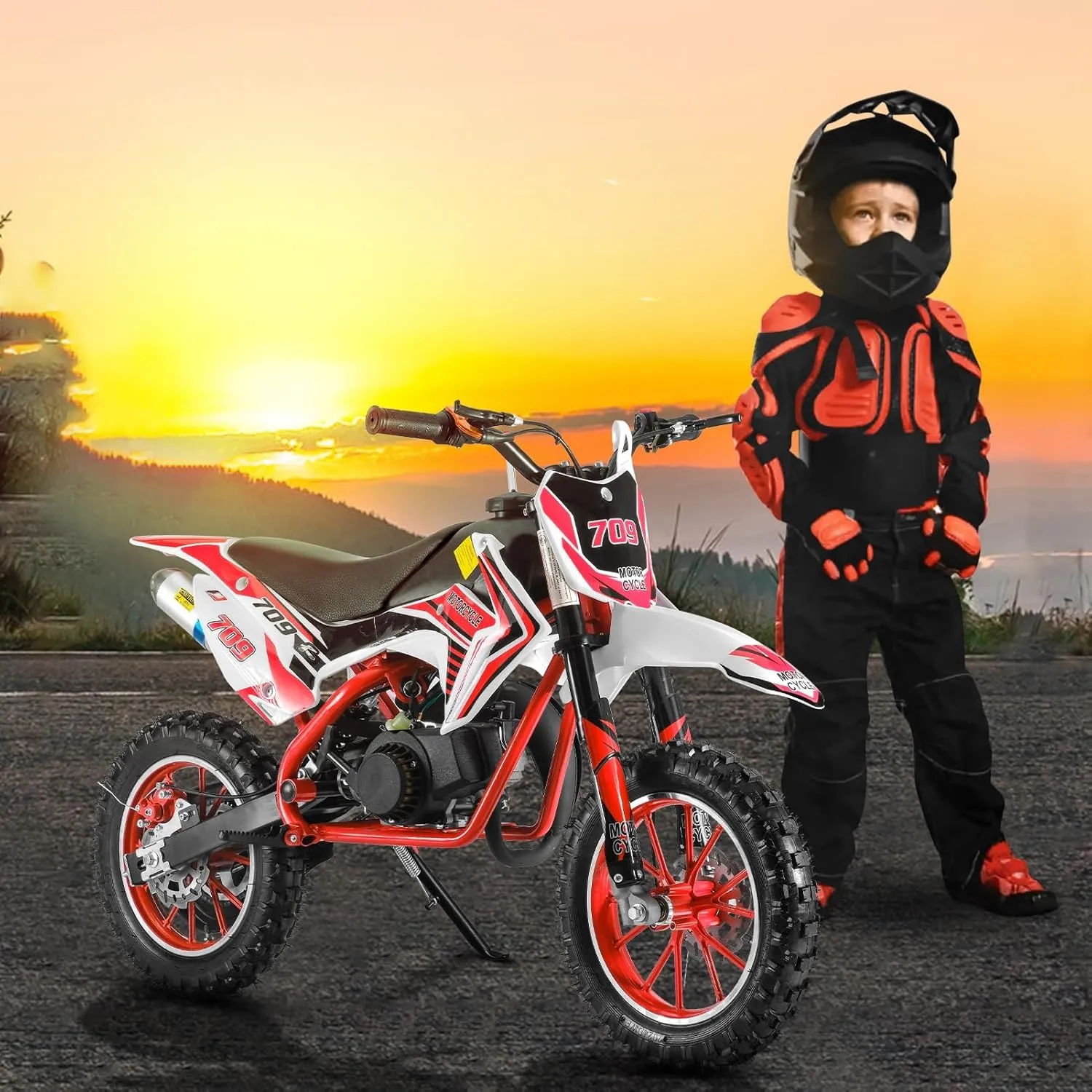 Honrane 50cc Kids Dirt Bike, 2-Strok Gas Dirt Bike, Gas Power Motocross Bike, Off Road Gas Pocket Bike, Mini Dirt Bike for Kids, Gas Powered Dirt Bike, Gas Motorcycle with Front Rear Disc Brakes Red