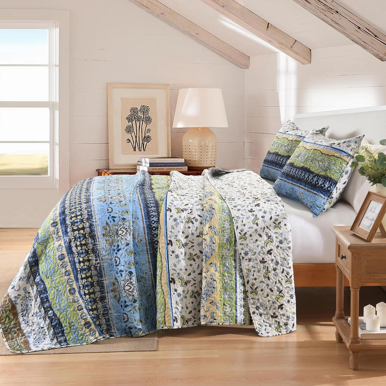 HORIMOTE HOME Boho Style Queen Quilt Set Green Bohemian Floral Strip Quilt Beddding Set, Soft and Lightweight Bedspread for All Season, Full Size Bed Coverlet with 2 Matching Pillow Shams (3 Pieces)