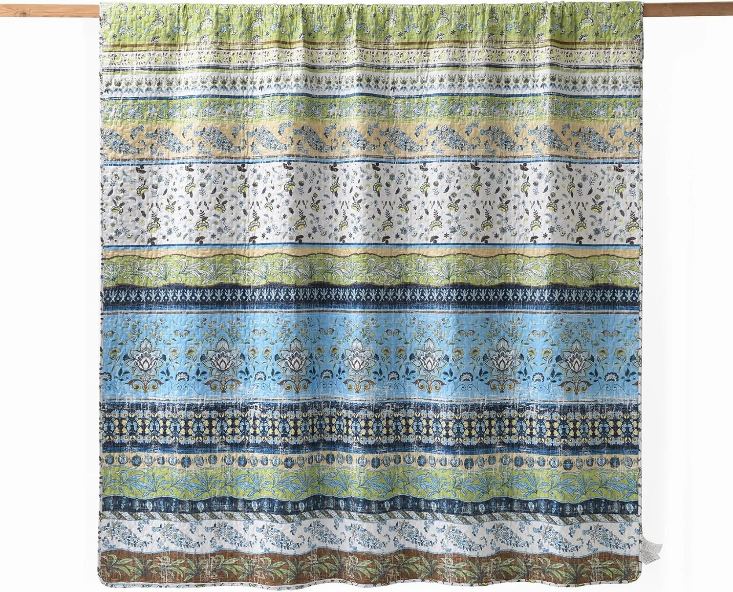 HORIMOTE HOME Boho Style Queen Quilt Set Green Bohemian Floral Strip Quilt Beddding Set, Soft and Lightweight Bedspread for All Season, Full Size Bed Coverlet with 2 Matching Pillow Shams (3 Pieces)