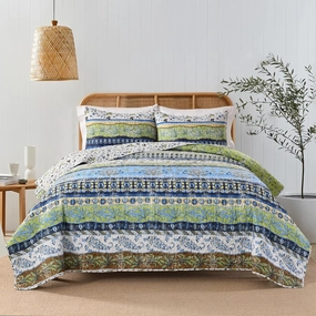 HORIMOTE HOME Boho Style Queen Quilt Set Green Bohemian Floral Strip Quilt Beddding Set, Soft and Lightweight Bedspread for All Season, Full Size Bed Coverlet with 2 Matching Pillow Shams (3 Pieces)