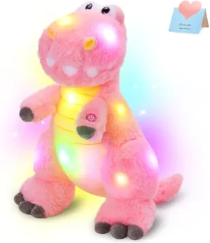 Houwsbaby 13'' Glowing LED T-Rex Dinosaur Light Up Stuffed Animal Soft Colorful Plush Toy Hugging Present for Kids Boys Girls Babies Accompany at Night Pet Decoration Holiday Birthday,Pink