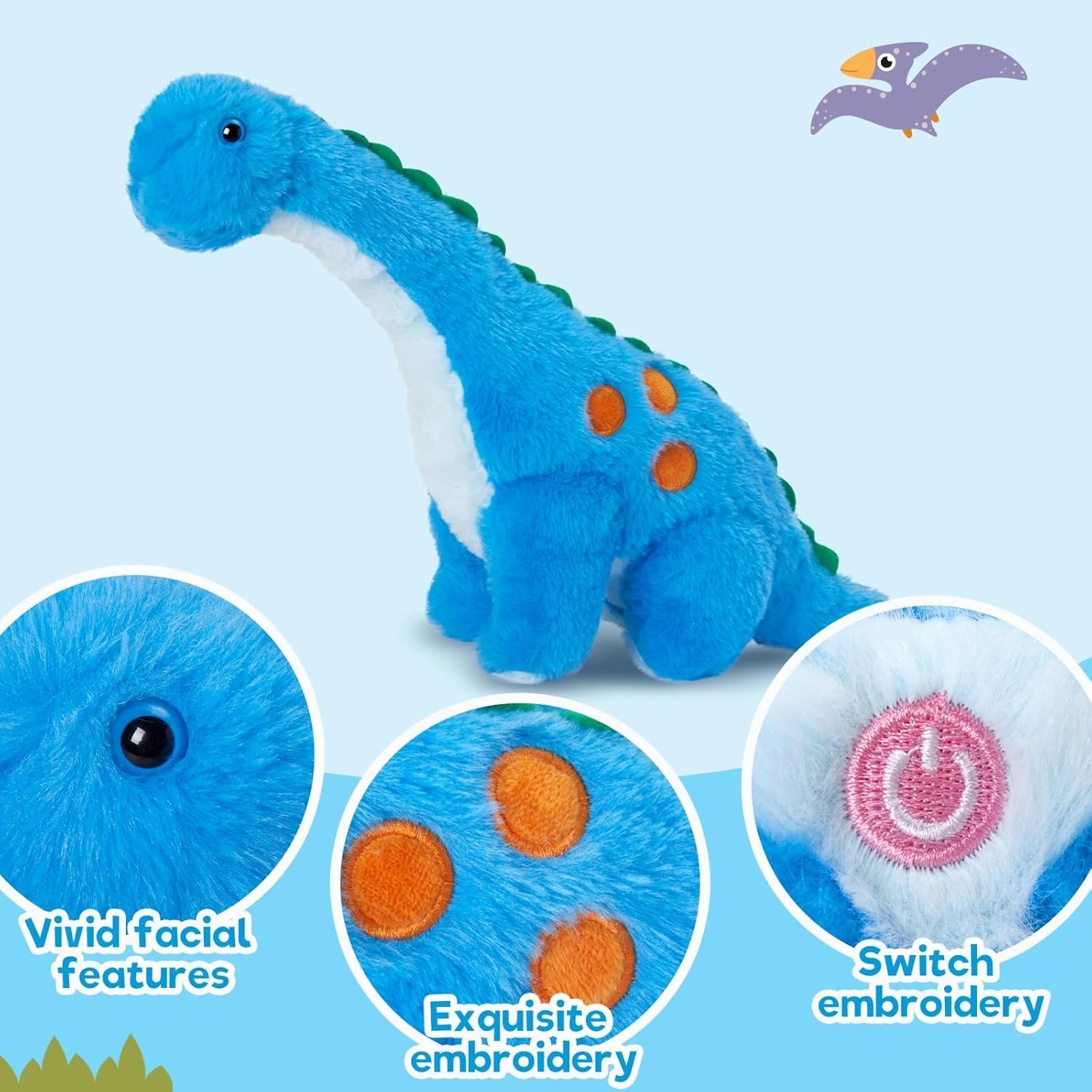 Houwsbaby 14” Blue Light up Dinosaur Stuffed Animal Floppy LED Glowing Diplodocus Plush Toy Night Lights Glow Pillow Long Neck Birthday Presents for Kids Toddler Girls and Boys