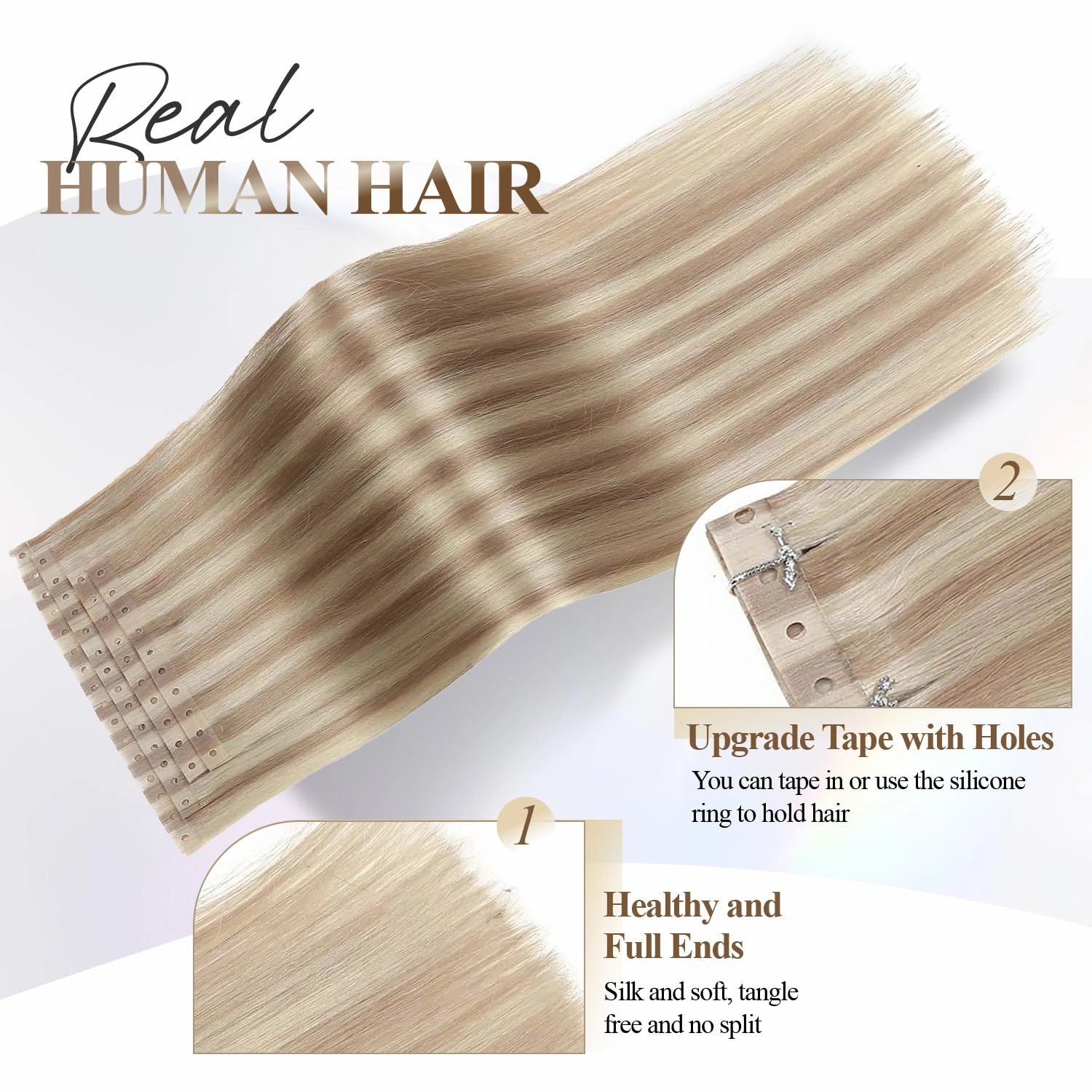 Human Hair Extensions Micro Ring PU Hair Extensions Glueless Remy Human Hair Extension with Holes Ash Blonde Highlight Blonde 18/613 Invisible Tape in Hair Extension for Women (30g 4Pcs,16 Inch)