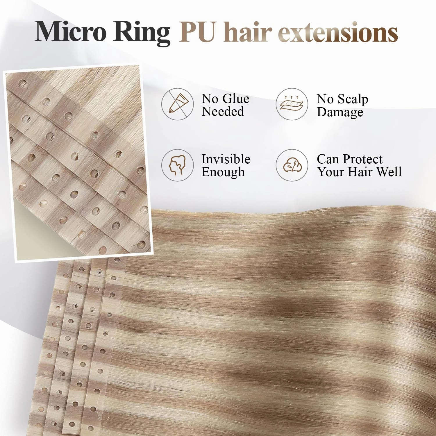 Human Hair Extensions Micro Ring PU Hair Extensions Glueless Remy Human Hair Extension with Holes Ash Blonde Highlight Blonde 18/613 Invisible Tape in Hair Extension for Women (30g 4Pcs,16 Inch)