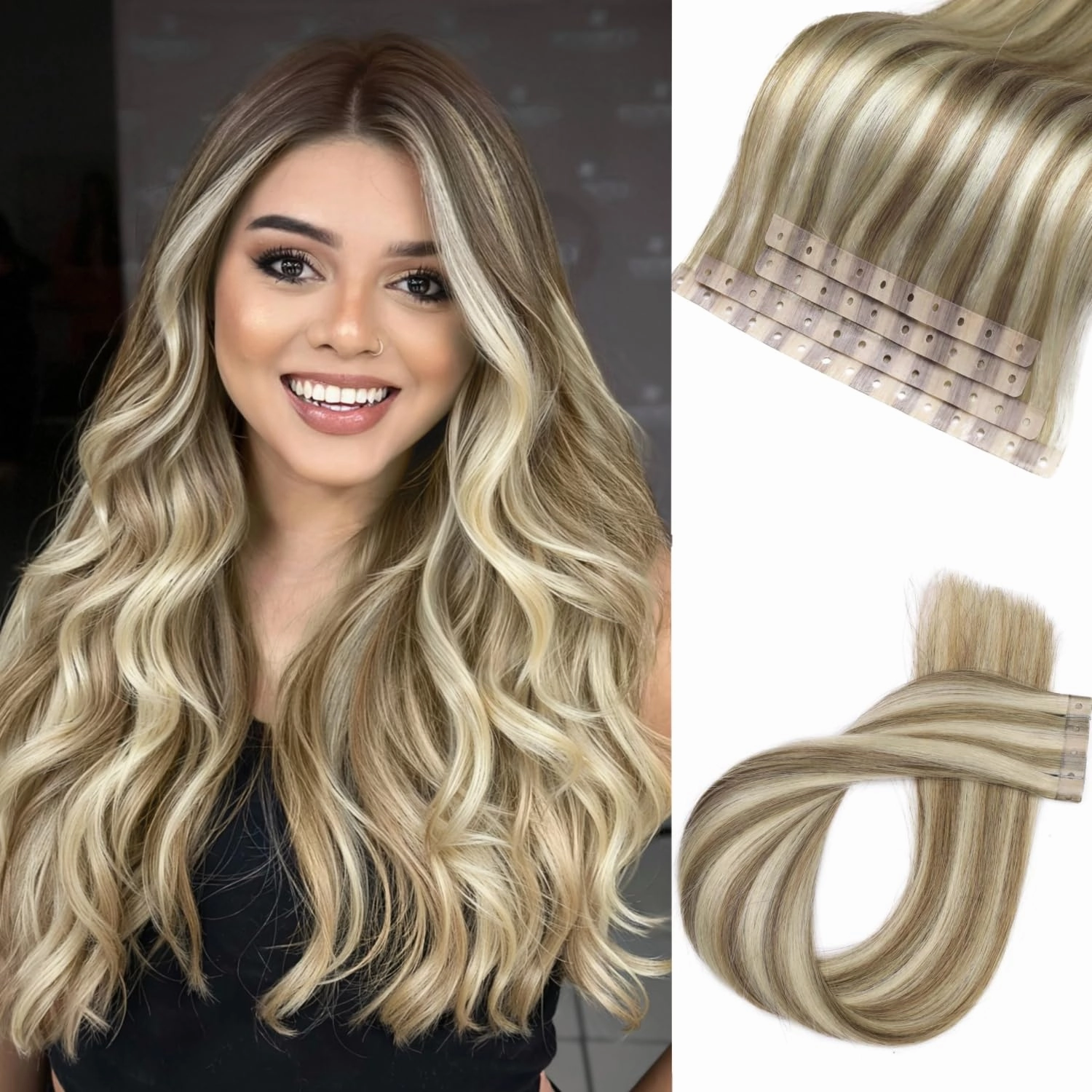 Human Hair Extensions Micro Ring PU Hair Extensions Glueless Remy Human Hair Extension with Holes Highlight Blonde 9A/P60 Invisible Tape in Hair Extension for Women (35g 4Pcs,16 Inch)