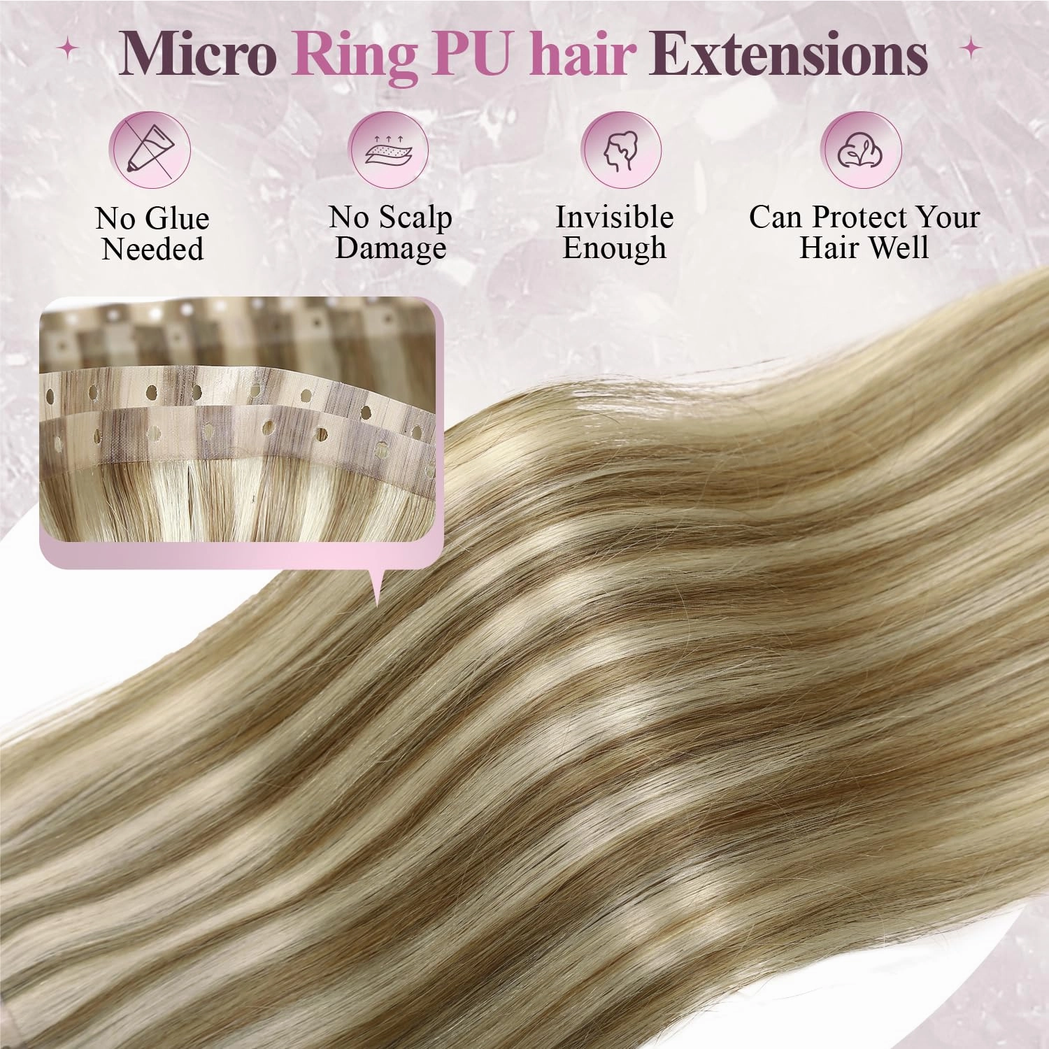 Human Hair Extensions Micro Ring PU Hair Extensions Glueless Remy Human Hair Extension with Holes Highlight Blonde 9A/P60 Invisible Tape in Hair Extension for Women (35g 4Pcs,16 Inch)