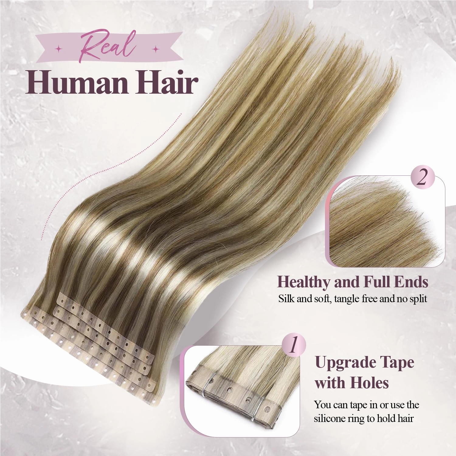 Human Hair Extensions Micro Ring PU Hair Extensions Glueless Remy Human Hair Extension with Holes Highlight Blonde 9A/P60 Invisible Tape in Hair Extension for Women (35g 4Pcs,16 Inch)