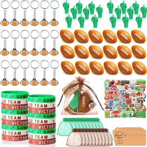 HyDren 158 Pcs Football Party Favors Set 18 Football Keychains 18 Silicone Bracelets 18 Mini soccer 18 Whistles 50 Stickers 18 Organza Bags 18 Thank You Tags for soccer Party Supplies