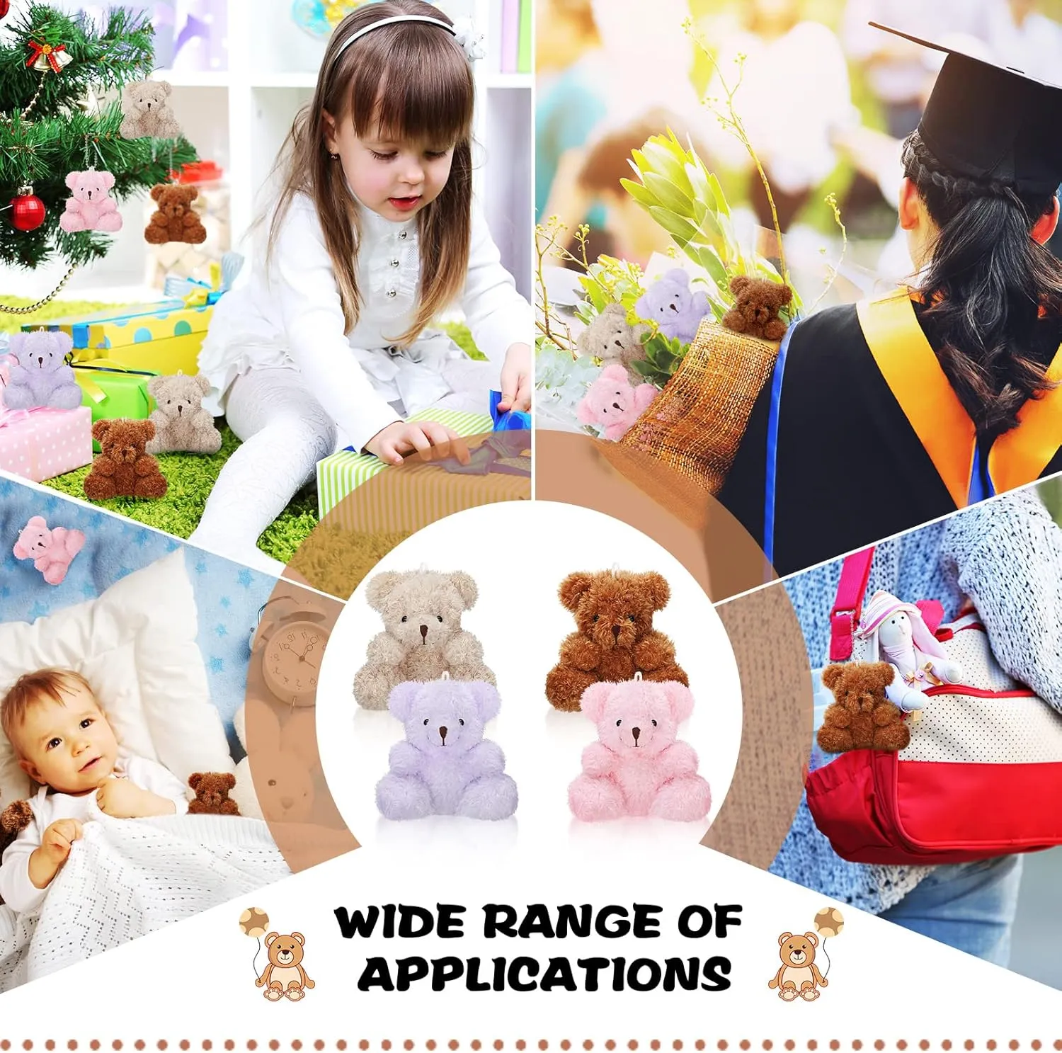 HyDren 24 Pcs 4 in Mini Bear Stuffed Animal Bulk Small Plush Bears Tiny Soft Doll Toy for DIY Keychain Birthday Baby Shower Wedding Back to School Gifts Party Favors(4 Colors)