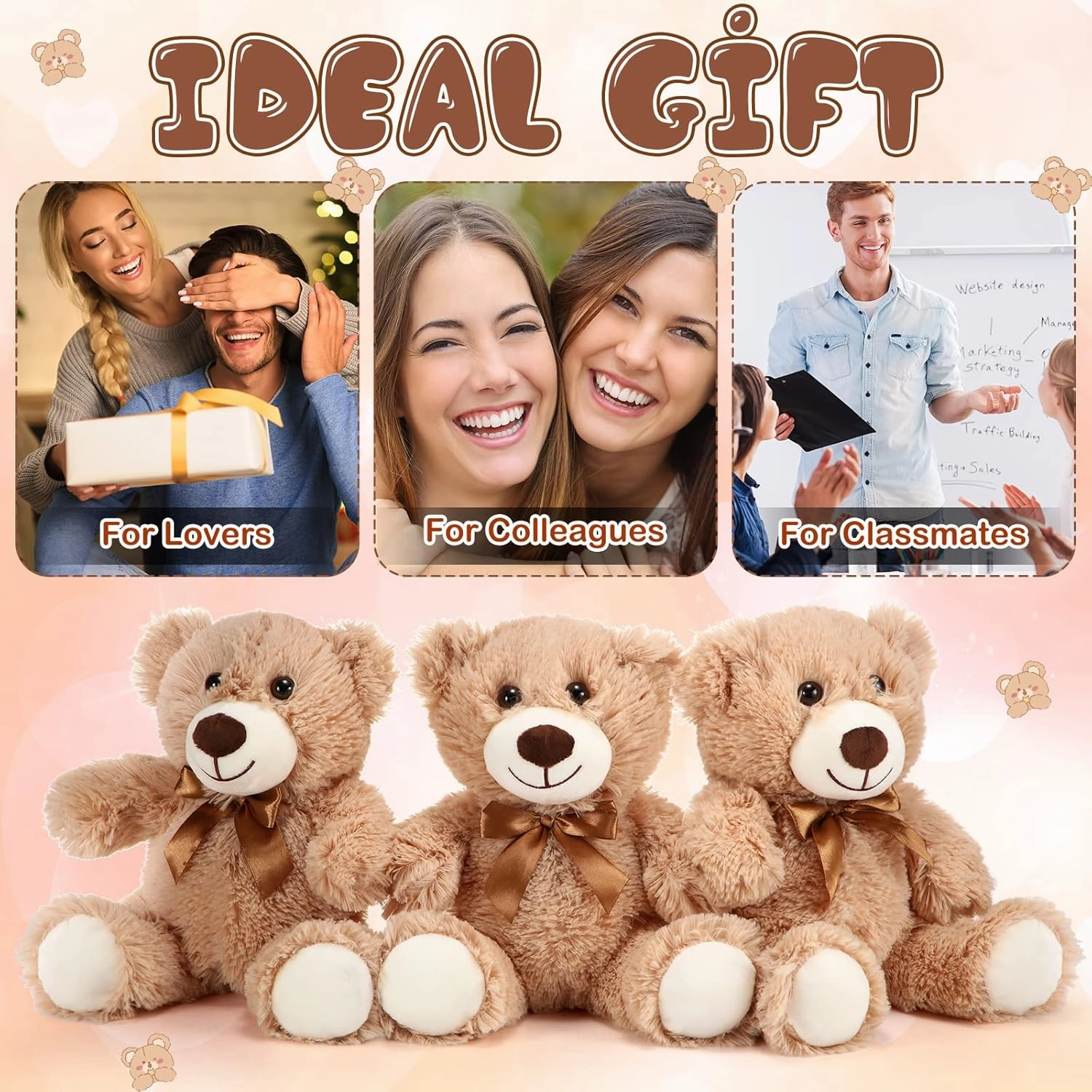 HyDren 6 Pcs Bear Stuffed Animal Plush Toys Soft Plush Dolls Bear Sleeping and Playing Toys for Baby Shower Decoration Boy(Long Plush,Light Brown)