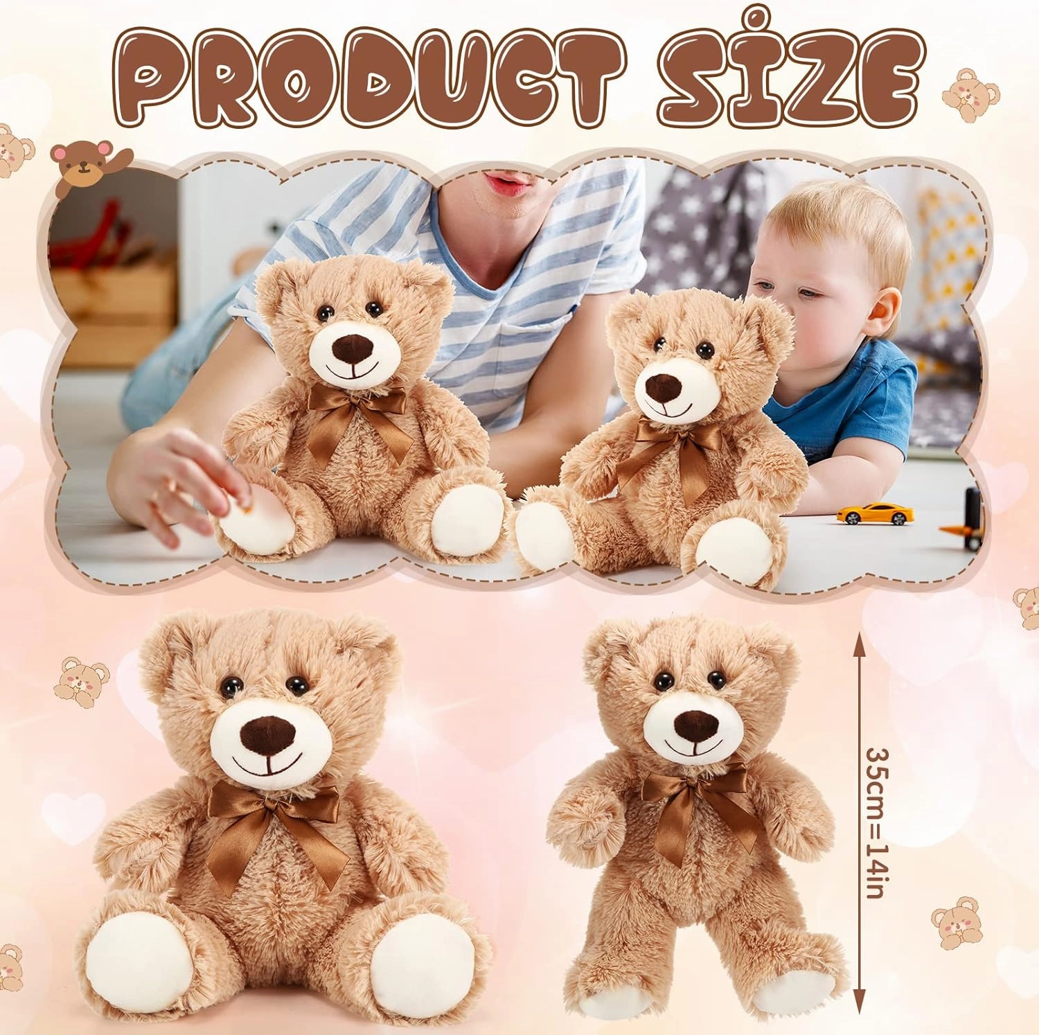 HyDren 6 Pcs Bear Stuffed Animal Plush Toys Soft Plush Dolls Bear Sleeping and Playing Toys for Baby Shower Decoration Boy(Long Plush,Light Brown)