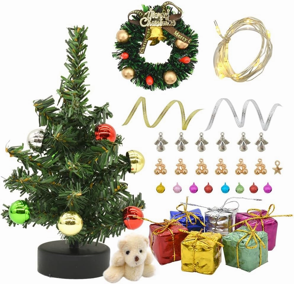 iLAND Dollhouse Christmas Decorations, 6 inch Mini Christmas Tree with Lights, Christmas Dollhouse Miniature of 1/12 Scale Accessories