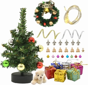 iLAND Dollhouse Christmas Decorations, 6 inch Mini Christmas Tree with Lights, Christmas Dollhouse Miniature of 1/12 Scale Accessories