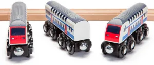 inc. Double Decker Wooden Train Set of 2 Engines & 1 Passenger Car, Multi-Level Commuter Transit Toy, Compatible with Thomas & Friends, BRIO, Other Major Brand Railways