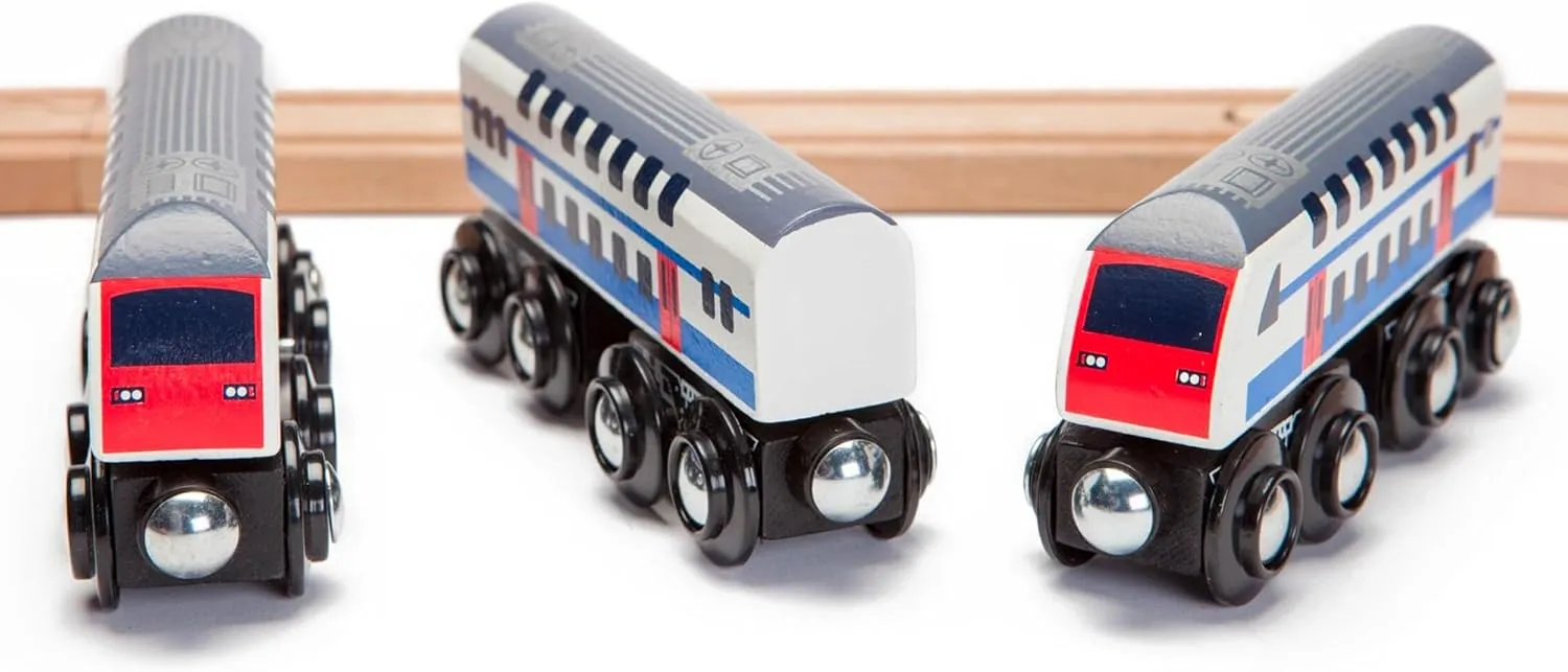 inc. Double Decker Wooden Train Set of 2 Engines & 1 Passenger Car, Multi-Level Commuter Transit Toy, Compatible with Thomas & Friends, BRIO, Other Major Brand Railways