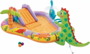 Intex Dino Park Water Play Center, 201x157x69 cm, Inflatable Dinosaur, Slide with Padded Base, Water Sprayer, Ball Set (Included), 54 kg max.,  2 Years, Repair kit (56139)